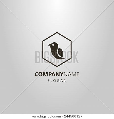 Black And White Simple Vector Logo Of An Abstract Singing Bird In A Hexagon Frame