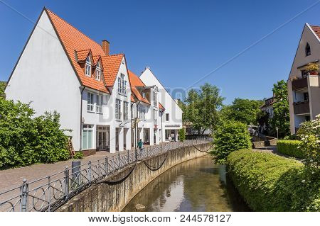 Bad Salzuflen, Germany - May 07, 2018: Canal And Shops In The Center Of Bad Salzuflen, Germany