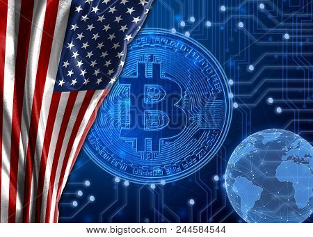 Flag Of America Is Shown Against The Background Of Crypto Currency Bitcoin. Global World Crypto Curr