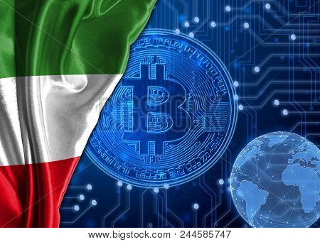 Flag Of Italy Is Shown Against The Background Of Crypto Currency Bitcoin. Global World Crypto Curren