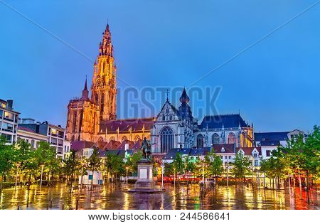 The Cathedral Of Our Lady In Antwerp. A Unesco World Heritage Site In The Flemish Region Of Belgium