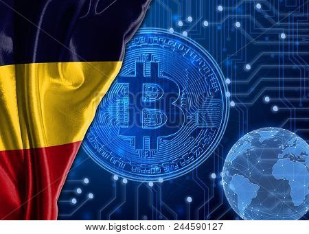 Flag Of Chad Is Shown Against The Background Of Crypto Currency Bitcoin. Global World Crypto Currenc
