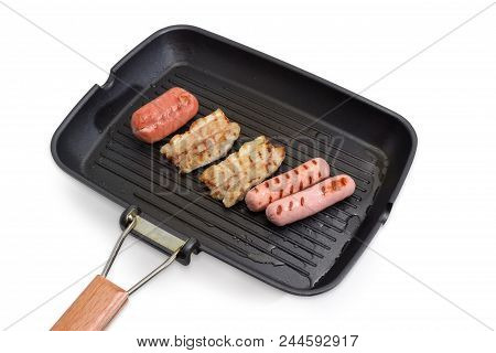 Grilled Slices Of The Streaky Bacon And Different Sausages On The Grill Pan On A White Background