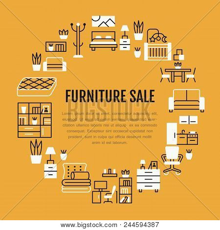 Furniture Sale Banner Illustration With Flat Line Icons. Living Room, Bedroom, Home Office Chair, Ki