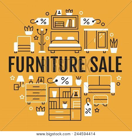 Furniture Sale Banner Illustration With Flat Line Icons. Living Room, Bedroom, Home Office Chair, Ki