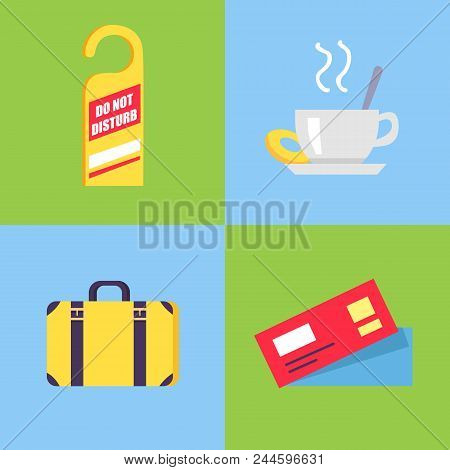 Vector Illustration Of Door Knob Hanger, Cup Of Hot Drink, Classic Suitcase And Hotel Registration C