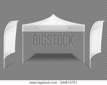 White Promotional Advertising Outdoor Event Tent With Beach Flags. 3d Realistic Vector Mock Up Isola
