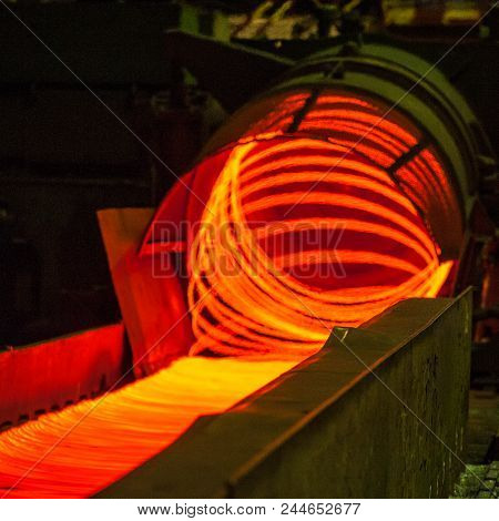 Manufacturing Wire Steel Works. Iron And Steel Metallurgical Plant. Continuous Metallurgical Product