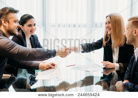 Closing Or Sealing A Deal. Business Partners Shaking Hands. Cooperation Partnership, Trust Joint Ven