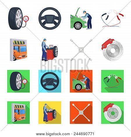 Wheel Balancing, Spanner And Brake Disc Cartoon, Flat Icons In Set Collection For Design.car Mainten