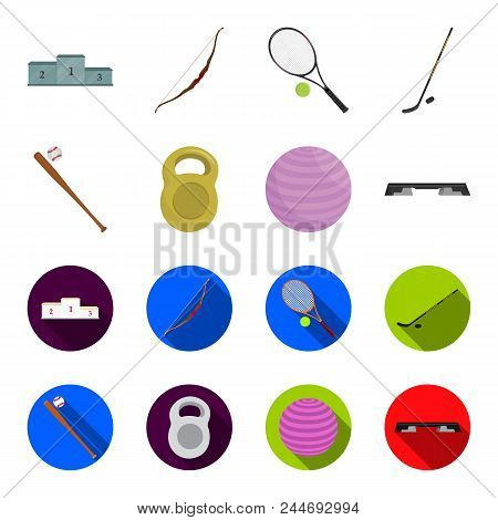 A Bat With A Ball For Baseball, A Weight For Muscles, A Ball For Playing, A Bench For Fitness. Sport