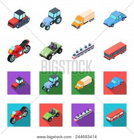 Motorcycle, Golf Cart, Train, Bus. Transport Set Collection Icons In Cartoon, Flat Style Vector Symb
