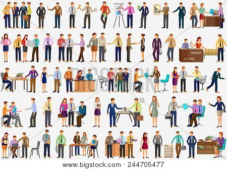 Vector Illustration Of Set Of Business Character Man And Woman Working Office Colleague Doing Meetin