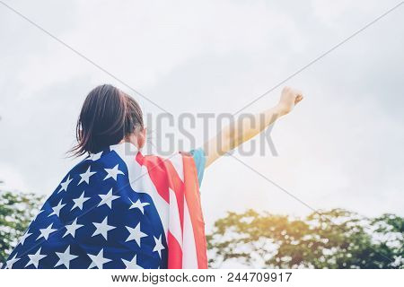Happy Kid Little Child Standing With American Flag Usa Celebrate 4Th Of July