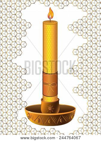 A High Burning Candle In A Clay Candlestick Against The Background Of Honeycombs.