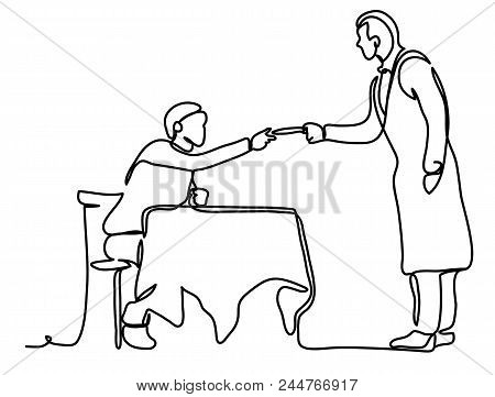 People, Payment And Finance Concept - The Guy Pays With The Waiter. Continuous Line Drawing. Isolate