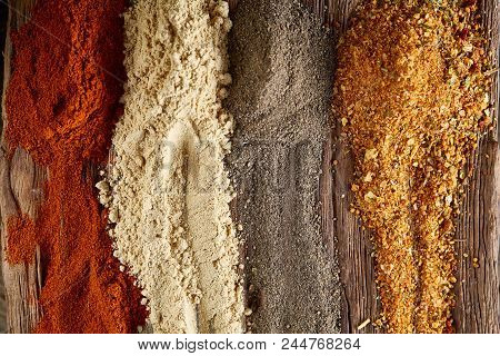 Colorful Spice Background With Different Color Spices, Macro, Selective Focus, Shallow Depth Of Fiel
