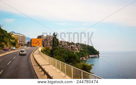 Becici / Montenegro - June 22, 2017: A Picturesque View Of The Entrance To The Resort Town Of Becici