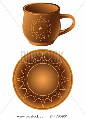 A Cup And A Saucer Made Of Clay. Ceramic Saucer And A Cup In Ethnic Style. Pottery. Crockery With Or