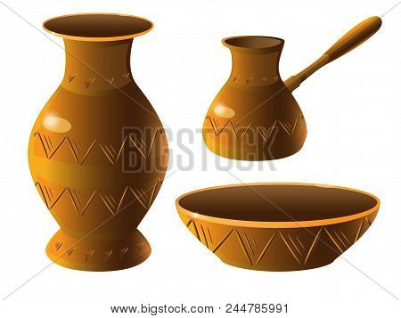 Pottery With Ornament. Set Of Ceramic Products. Ethnic Pottery. Vase, Jug, Plate, Bowl, Turkish Coff