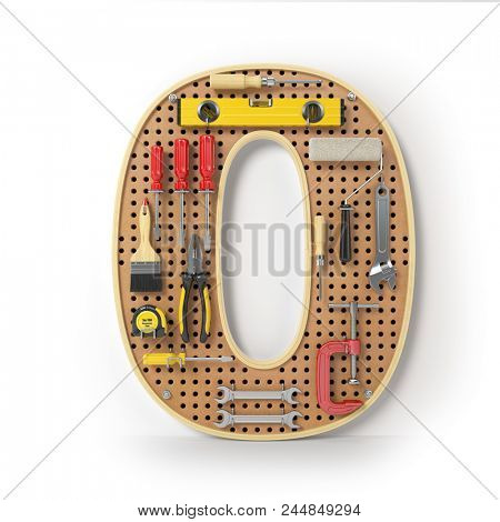 Number 0 zero Alphabet from the tools on the metal pegboard isolated on white.  3d illustration