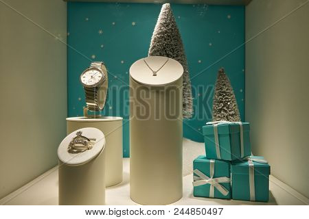 MILAN, ITALY - CIRCA NOVEMBER, 2017: Tiffany's jewellery and iconic blue gift boxes on display at a store in Milan. Tiffany & Company is an American luxury jewelry and specialty retailer
