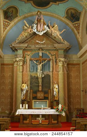 ZACRETJE, CROATIA - AUGUST 06: Altar in the Parish Church of the Holy Cross in Zacretje, Croatia on August 06, 2017.