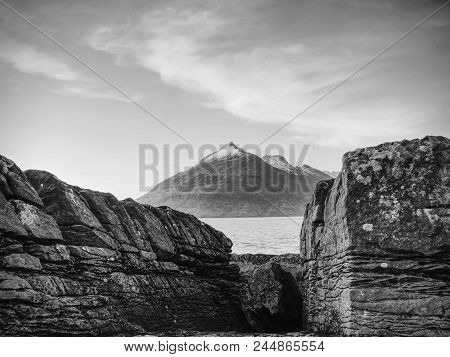 Evening At Loch Scavaig With Cuillins Mountains In Warm Sunset Light.  Isle Of Skye Scotland