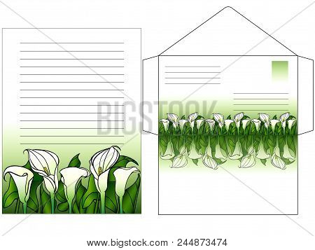 Envelope And A Sheet For Writing Letters Colored With Flowers Callas. Set To Write A Letter. Greetin