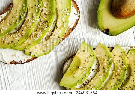 Healthy Nutritious Vegan Snack Full Of Protein & Complex Carbs. Avocado Toast Sandwich With Sesame S