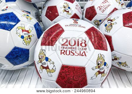 Rostov-on-don, Russia - 12 June, 2018  A Soccer Ball  With Logo Of The World Cup Fifa 2018 Mundial I