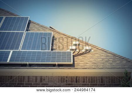 Close-up Rooftop Solar Panel System With Attic Junction Box