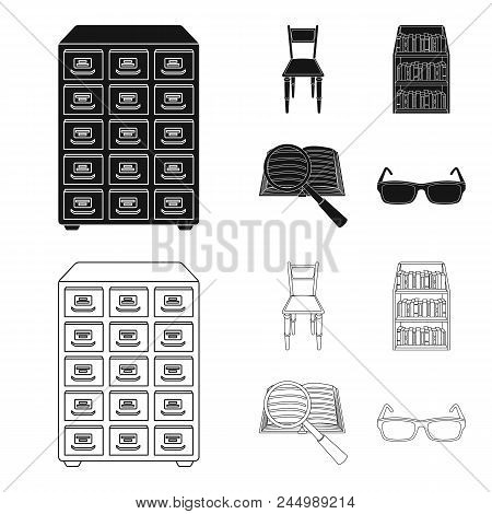 Cabinet With Filing Cabinet, Chair, Shelves, Information Search. Library And Bookstore Set Collectio