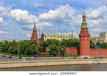 Moscow, Russia - June 03, 2018: View Of Kremlevskaya Embankment And Buildings Of Moscow Kremlin In S