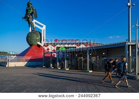 Moscow, Russia - May 23, 2018: 25 Meter Gladiator Mascot Monument Near Entry Of Spartak Stadium Whic