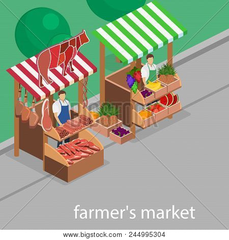 Isometric Flat 3D Isolated Vector Butcher Shop And Fruit Stand.