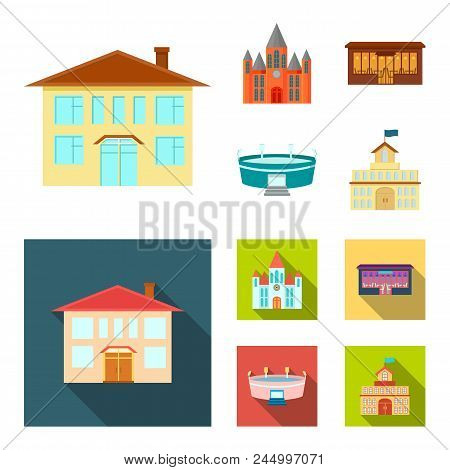 House Of Government, Stadium, Cafe, Church.building Set Collection Icons In Cartoon, Flat Style Vect