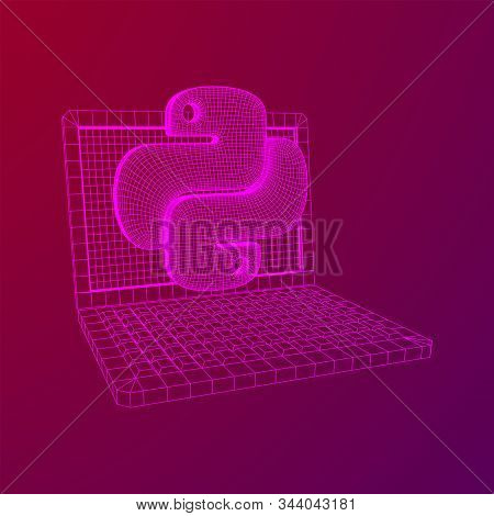 Python Code Language Sign With Notebook Laptop Device. Programming Coding And Developing Concept. Wi