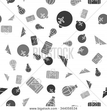 Set Globe With Flying Plane, Hot Air Balloon, Mountains And Suitcase For Travel And Stickers On Seam