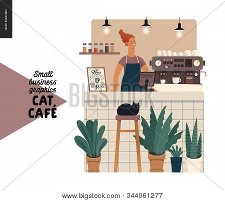 Cat Cafe -small Business Graphics -barista At The Counter. Modern Flat Vector Concept Illustrations 