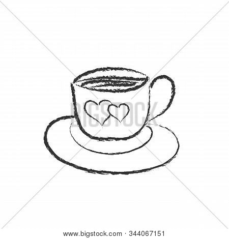 Vector Pencil Drawing Of A Cup Of Coffee Or Tea With A Heart On A Saucer In The Style Of Doodle For 