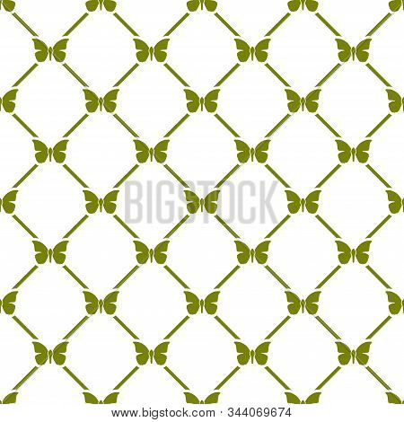 Vector Repeat Seamless Geometric Pattern With Butterflies. White Butterflies On Green Background. Su