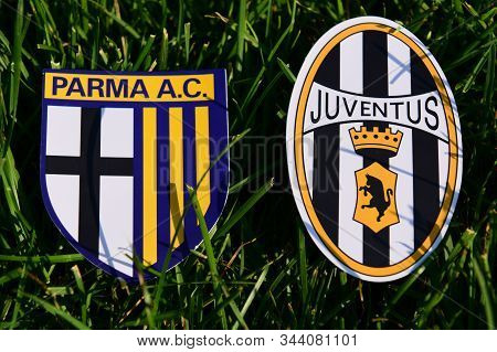 September 6, 2019, Turin, Italy. Emblems Of Italian Football Clubs Juventus Turin And Parma On The G