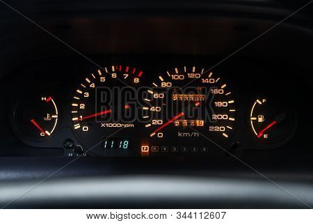 Novosibirsk, Russia - November 01, 2019:  Ssangyong Korando ,  Car Dashboard With White  Backlight: 