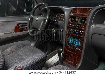 Novosibirsk, Russia - November 01, 2019:  Ssangyong Korando ,  Luxury Car Interior - Steering Wheel,