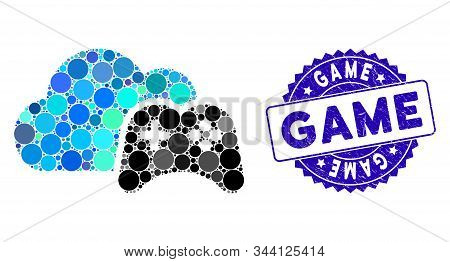 Mosaic Cloud Game Controller Icon And Corroded Stamp Watermark With Game Text. Mosaic Vector Is Comp