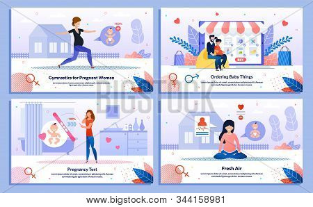Shopping In Pregnancy, Gymnastics For Pregnant Woman, Happy Maternity Trendy Flat Vector Banner, Pos