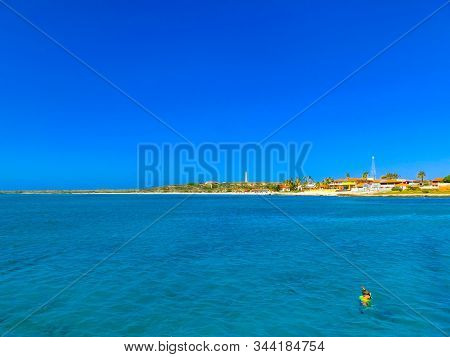 Tourists Snorkeling Along The Coastline And Enjoy The Beautiful Tropical Island Of Aruba