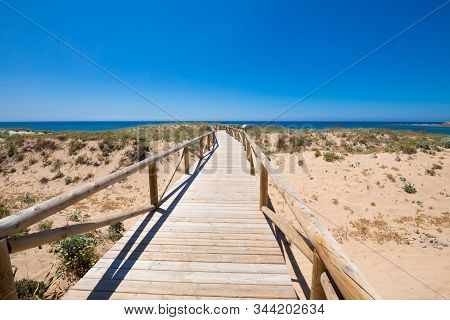 Landscape Of Footbridge With Wooden Planks And Banisters To Preserve Nature In Natural Park Of Trafa