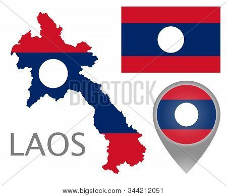 Colorful Flag, Map Pointer And Map Of Laos In The Colors Of The Laotian Flag. High Detail. Vector Il